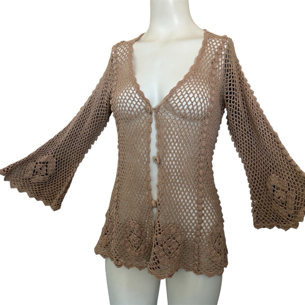 Vintage 70’s 80’s Hand Crocheted Tan Bell Sleeve Cardigan Open Knit Lace S - M